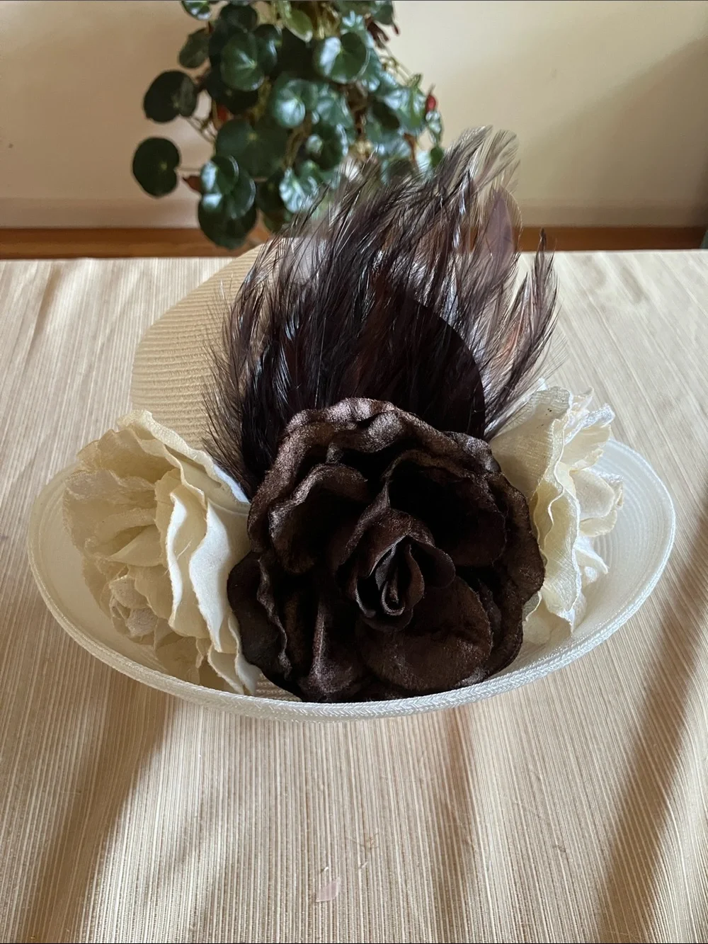 White Ladies Brim Hat with Brown and Cream Velvet Floral and Feather Accent
